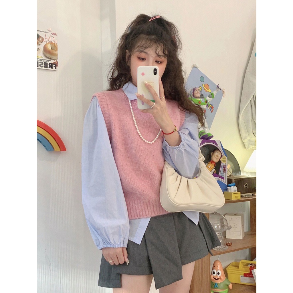 Áo Dệt Kim Sát Nách Cổ Tròn Dáng Rộng Thời Trang Mùa Thu Phong Cách Hàn Quốc Cho Nữ