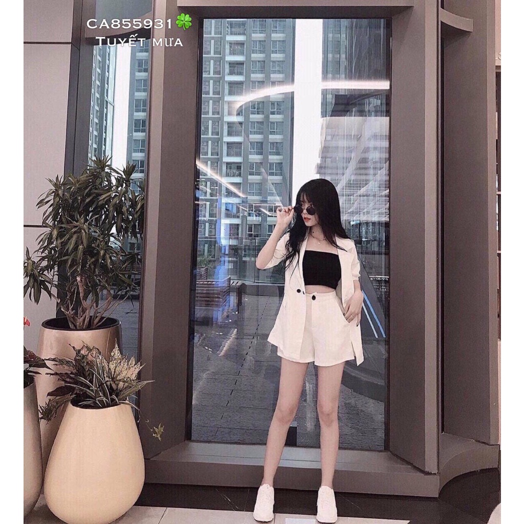 Vest nữ 3 món màu trắng đùi ngắn tay lỡ vải kaki phong cách Hàn Quốc LINHNASTORE | BigBuy360 - bigbuy360.vn