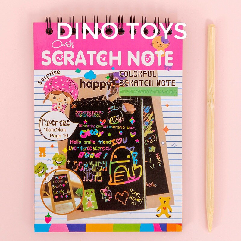 Đồ chơi trẻ em sổ vẽ ma thuật scratch note 10 tờ SIZE 14.5x10 cm, tạo nét vẽ nhiều màu trên nền giấy đen bằng bút tre