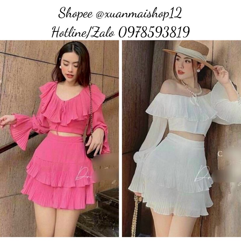 [FREESHIP] Set tiểu thư 2 món mặc được hai kiểu áo trễ vai bèo dập ly tay loe+chân váy dập ly tầng siêu xinh