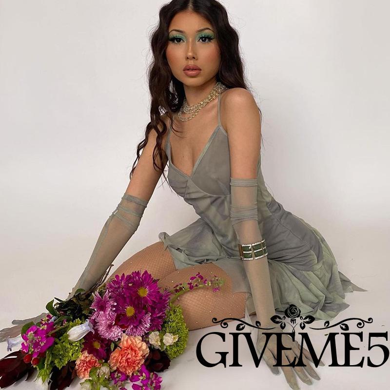 GIVEME-Women´s Sleeveless Dress Halterneck Summer Pleated Mini Dress with Mesh Long Sleeves