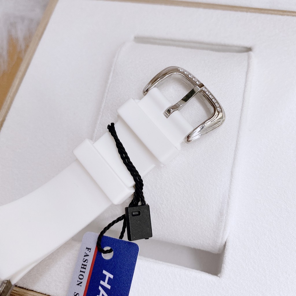 Đồng Hồ Huboler Hanboro Nữ Dây Silicon Trắng Mặt Đính Đá Silver Chính Hãng 31x42mm