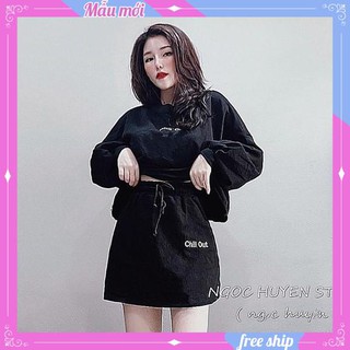 Set áo croptop dài tay chân váy chữ A 💖FREESHIP💖Áo croptop dài tay mix chân váy ngắn siêu xinh AD114 SUNNY