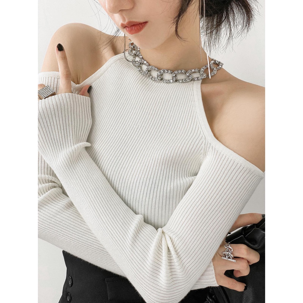 ☒♠∏ D/z shop Áo Dệt Kim Không Dây Ôm Dáng Đính Đá Lấp Lánh Quyến Rũ Cho Nữ Vào Mùa Thu Đông