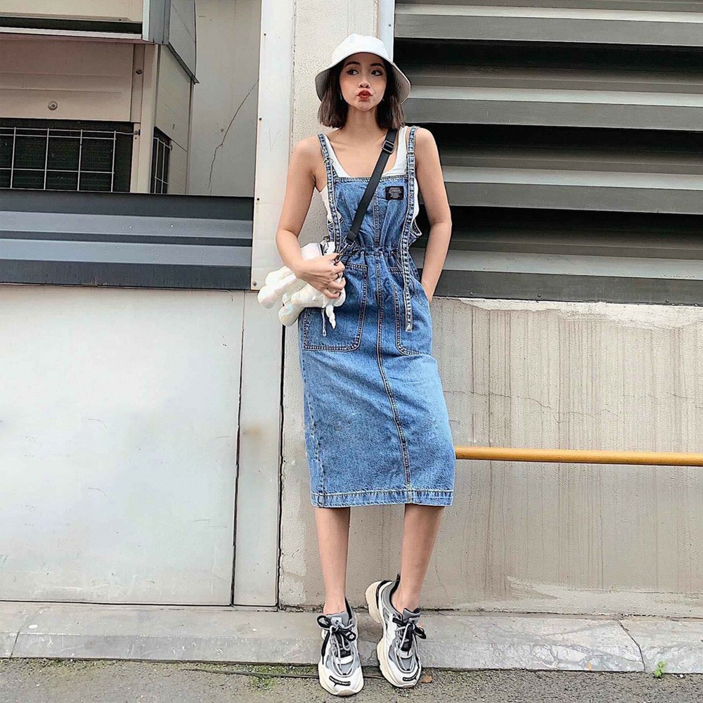 Yếm Váy Jeans Nữ Chất Bò Phối 2 Túi Trước Kèm Dây Rút Eo Mang Phong Cách Ulzzang Hàn Quốc - 425 | BigBuy360 - bigbuy360.vn