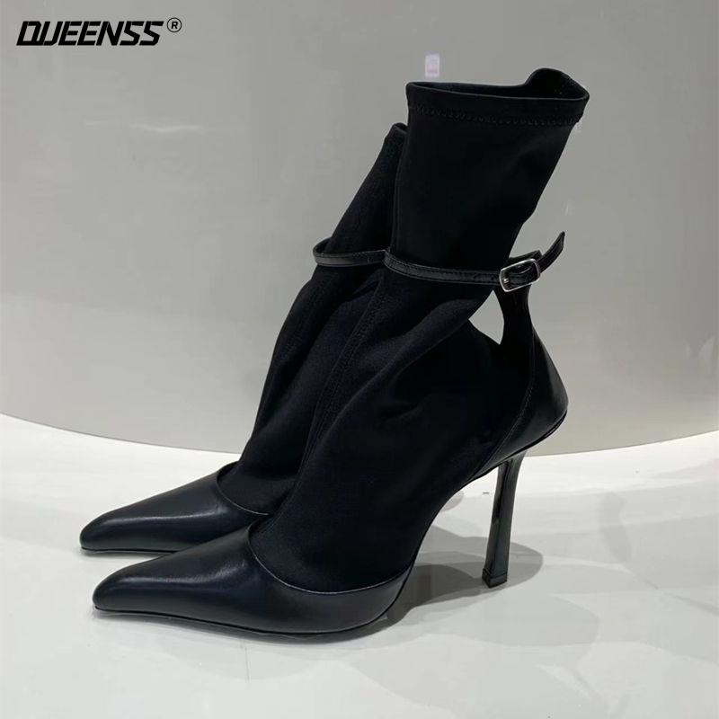 Giày Bốt Cao Gót Mũi Nhọn Màu Đen Phối Khóa Cài Thời Trang Mùa Thu 2022 Cá Tính Cho Nữ