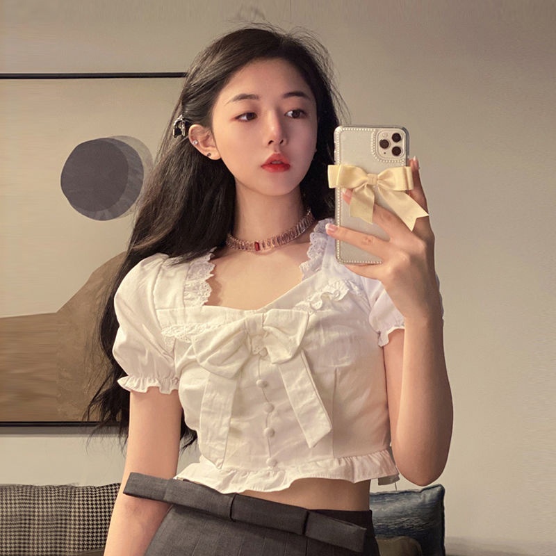 IELGY Áo Sơ Mi Trắng Tay Ngắn Phồng Cổ Vuông Phong Cách Pháp Thời Trang Mùa Hè Cho Nữ