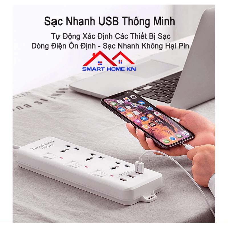 ổ cắm điện đa năng 3 chấu thông minh có cổng usb sạc nhanh điện thoại chịu tải 2500w an toàn chống cháy chống giật