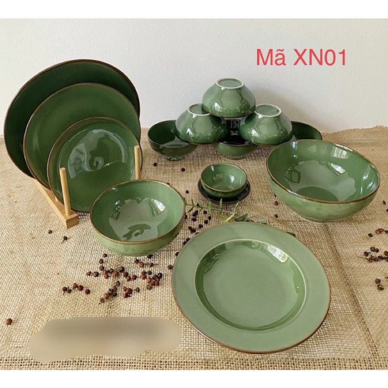 Set bát đĩa men ngọc lục bảo, hàng xuất khẩu Nhật. Gốm sứ Bát Tràng cao cấp.