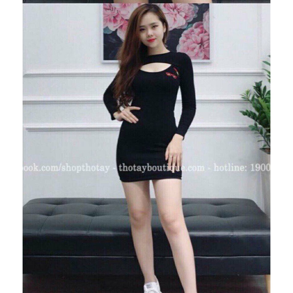 ĐẦM BODY THUN CỔ CÁCH ĐIỆU GẮN LOGO SIÊU SANG