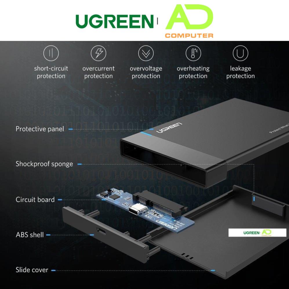 Hộp đựng ổ cứng 2.5 inch SSD, HDD hỗ trợ 6TB,chuẩn SATA UGREEN US221 vỏ nhựa ABS - Hàng phân phối chính hãng
