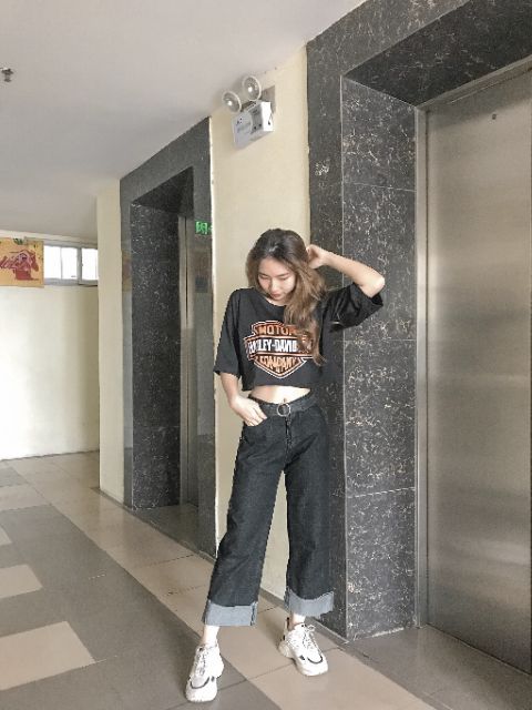 Quần bò culottes gập gấu đen