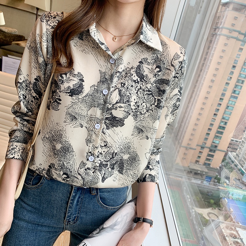 Áo Sơ Mi Vải Lụa Satin Lụa Satin Tay Dài In Họa Tiết Mực In Mới Mùa Xuân Năm 2021 Thời Trang Cho Nữ