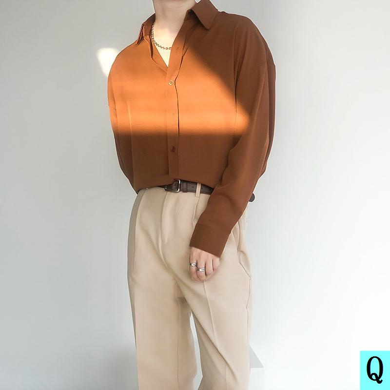 Áo Sơ Mi Tay Dài Vải Lụa Mát Màu Xanh Lá/Trắng Phong Cách Hàn Quốc Thời Trang Cho Nam