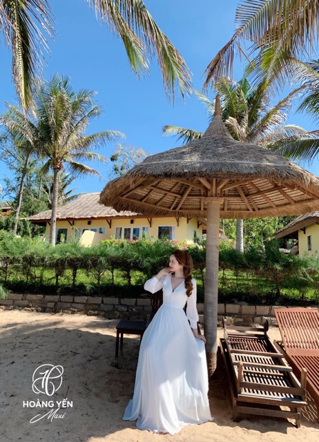 Đầm maxi trắng đi biển, đầm trắng tay dài cột nơ đính ngọc tà váy xoè dài HOANGYEN