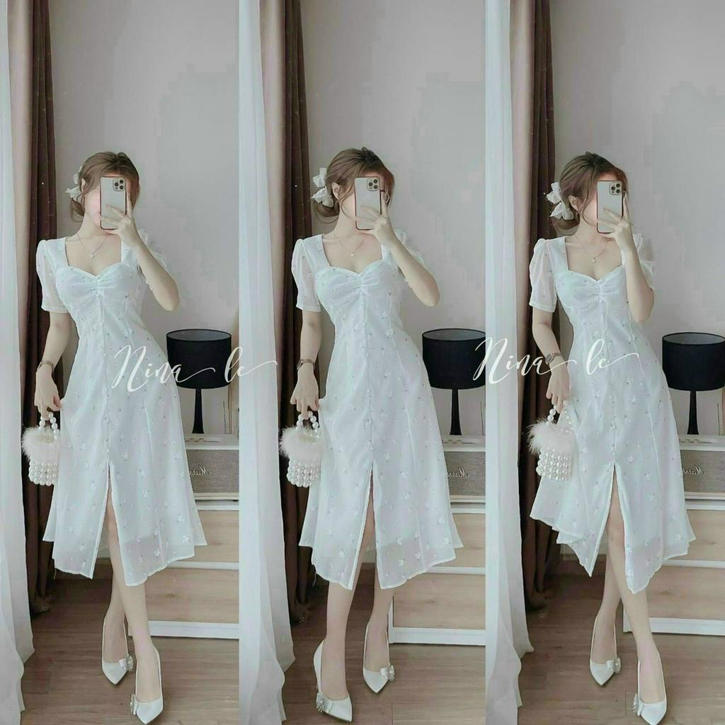 Đầm voan công chúa dáng midi sẻ giữa ngắn tay nhún ngực có mút đính cườm duyên dáng [957]