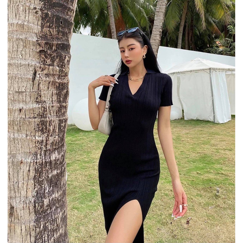 [Mã SKAMA06 giảm 8% tối đa 50K đơn 250K] Đầm đen midi cổ bẻ xẻ tà | BigBuy360 - bigbuy360.vn