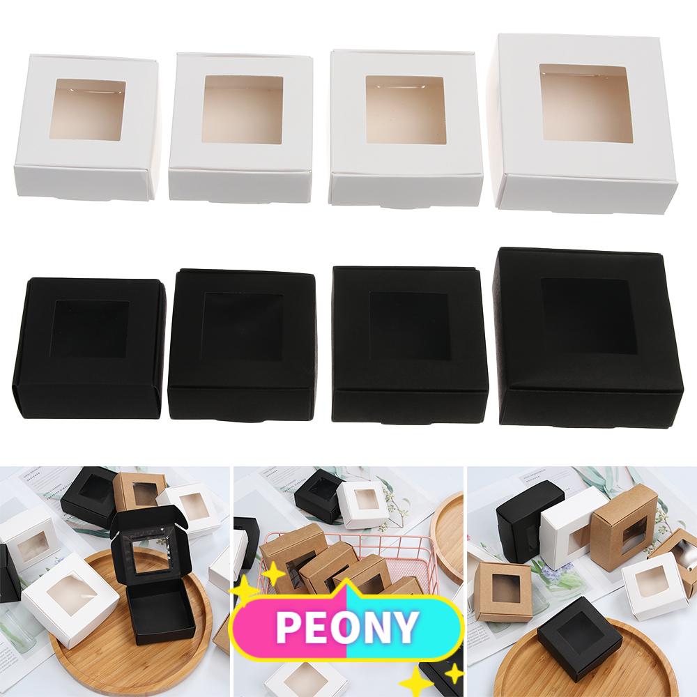 PEONY /10pcs Hot Paper Gift Box Birthday Party Supplies Clear PVC Window Cake Package Vintage Color Wedding Favors Kraft Paper Valentine's Day Gift Present Case Candy Wrapping Bag/Multicolor