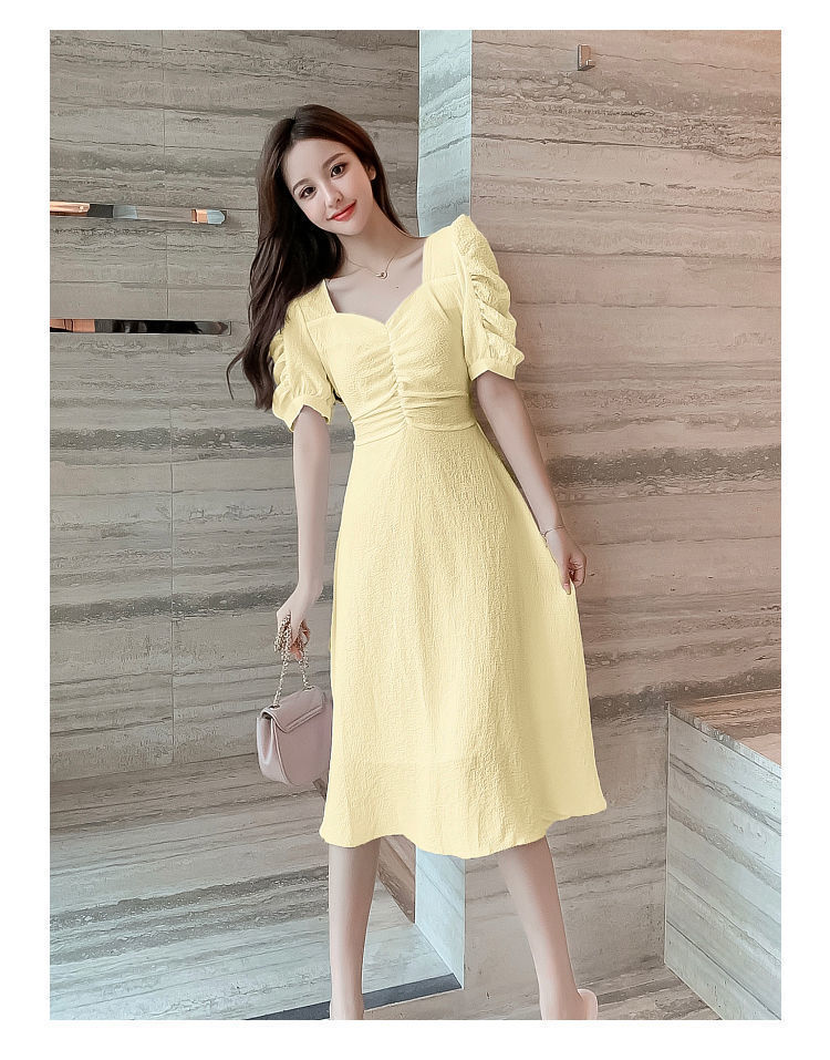 Đầm Nữ Tay Phồng Cổ Chữ V Màu Trơn Thời Trang
