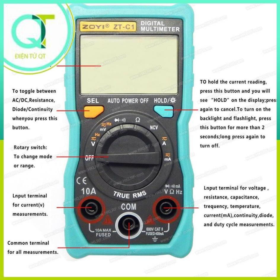 Đồng hồ vạn năng kỹ thuật số Zotek Zoyi Zt-C1 Multimeter bỏ túi đa chức năng đo AC/DC ôm Hz, rò nguồn điện