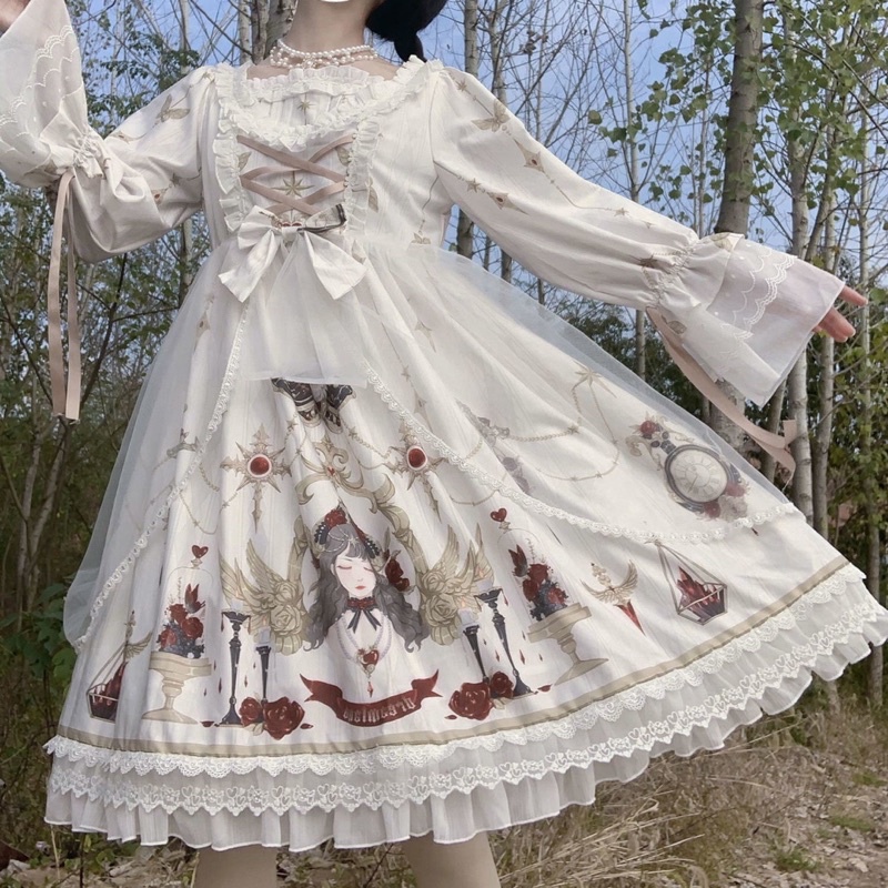 Đầm OP lolita trắng tay dài ( sẵn )