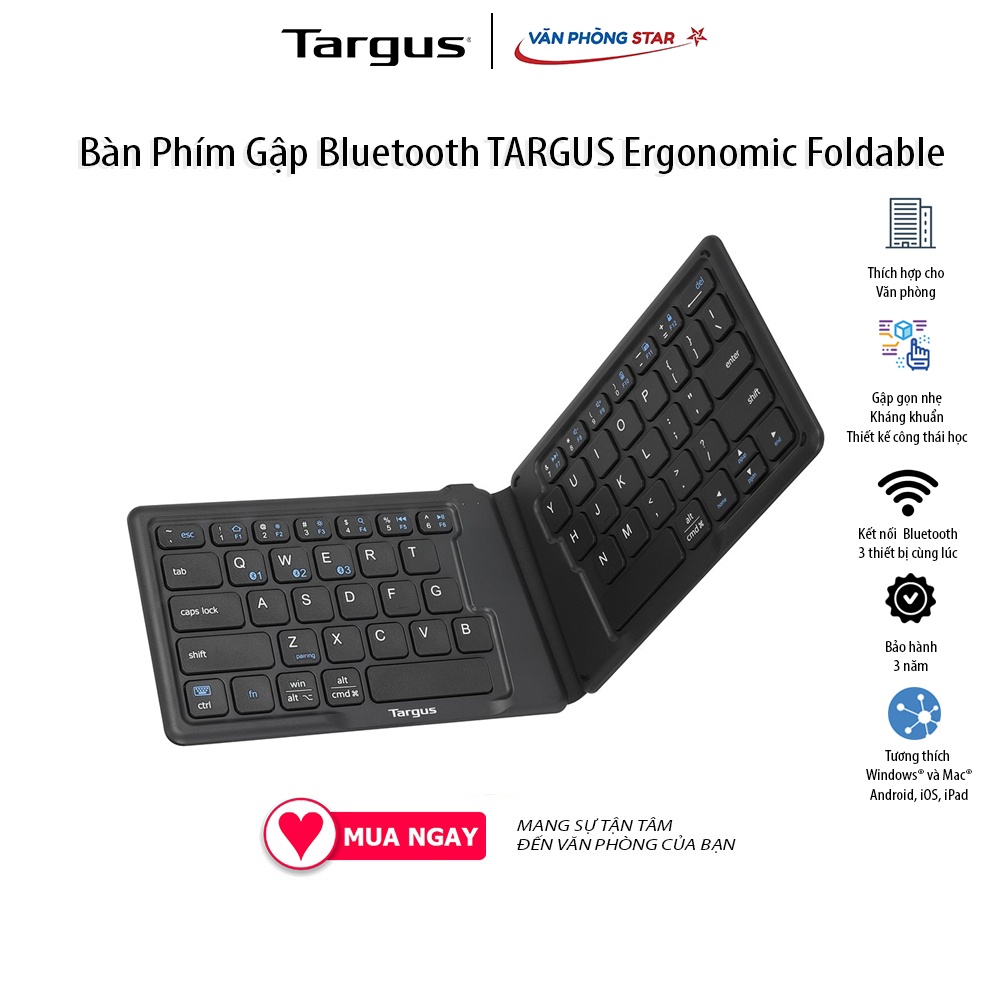 Bàn phím gập Bluetooth TARGUS kháng khuẩn AKF003 dùng cho Windows, MacOS, Android, iOS, iPad chính hãng bảo hành 3 năm