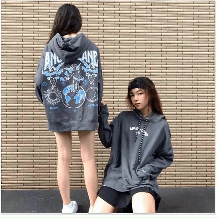Áo hoodies khoác nỉ nhẹ nam nữ họa tiết ANGEL chui đầu màu đen chính hãng Nỉ bông