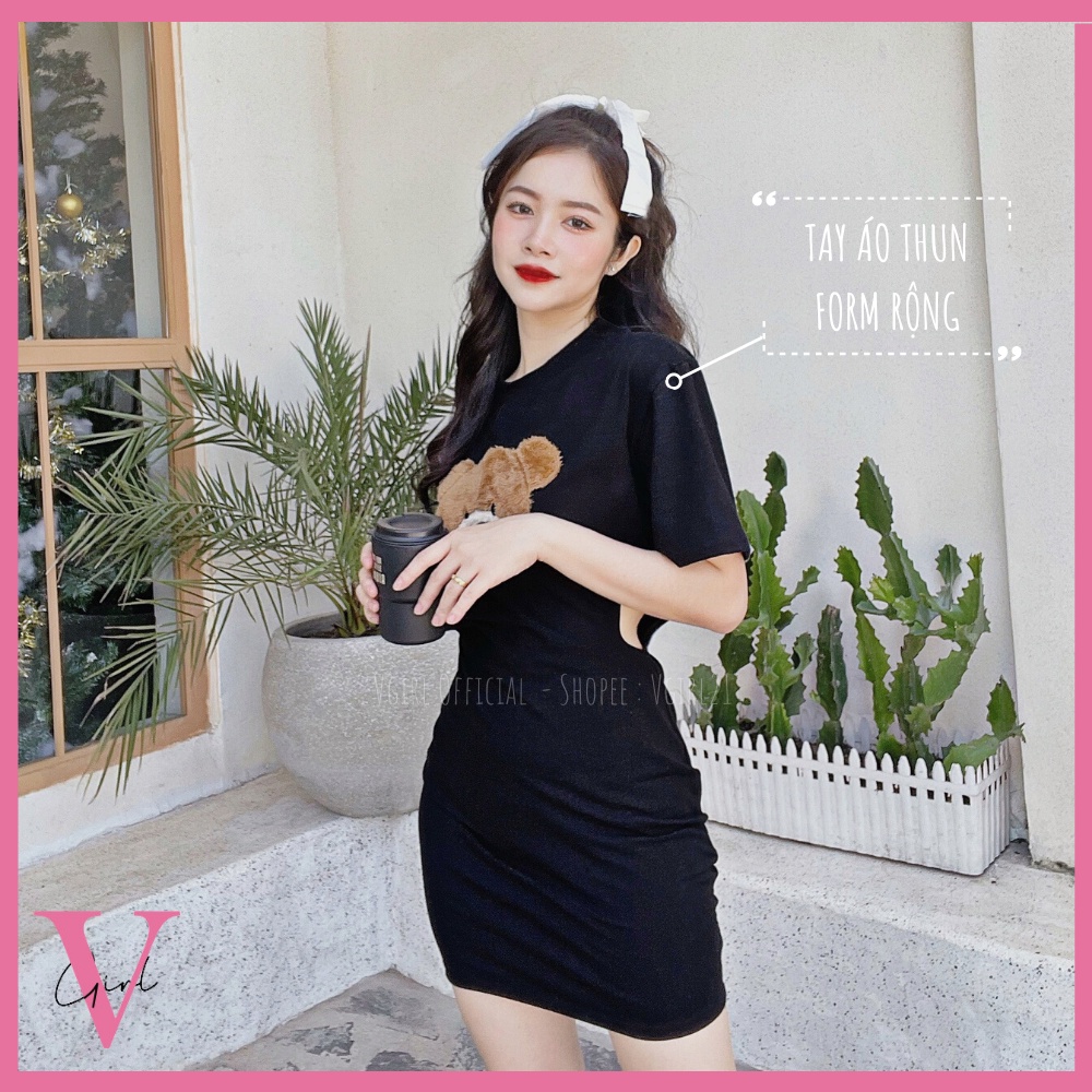 Đầm body khoét eo VGIRL phối tay áo thun kiểu dáng ôm hình thêu gấu Teddy dệt lông [ẢNH ĐỘC QUYỀN] | BigBuy360 - bigbuy360.vn