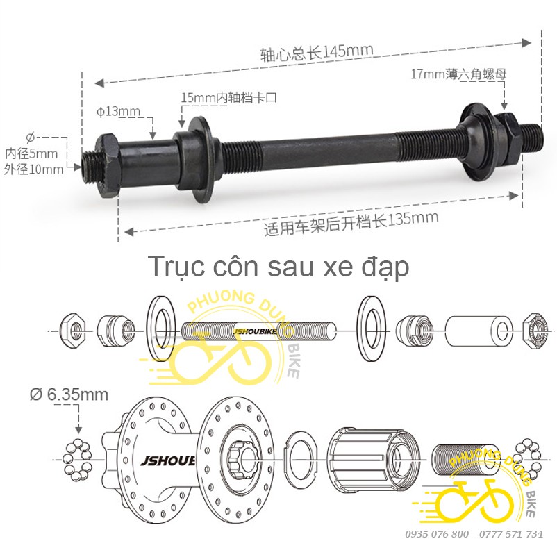 Bộ trục côn, ti kẹp moay ơ xe đạp trước sau