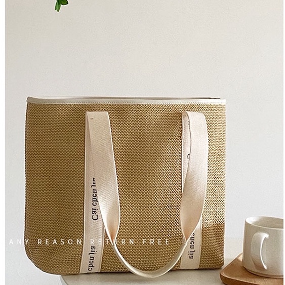 Túi Tote Poly hình chữ nhật - Dây sọc trắng in chữ ( Mẫu mới)