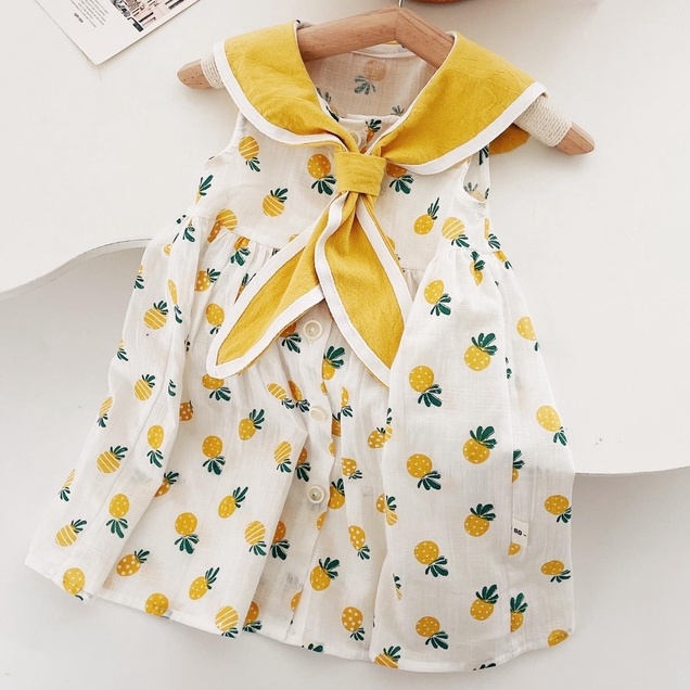 [Hàng Mới Về] Váy Họa Tiết Quả Dứa Mặc Hè Cổ Thắt Nơ Cho Bé Gái Sơ Sinh MINTSCLOSET Size Từ 1 - 5 Tuổi - GV0044