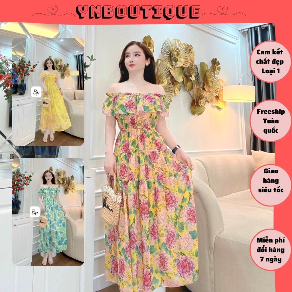 Váy maxi voan hoa đi biển, 🅵🆁🅴🅴🆂🅷🅸🅿, Đầm maxi đi biển, đi chơi trễ vai dáng dài nhiều màu (Ảnh thật + Giá Xưởng)
