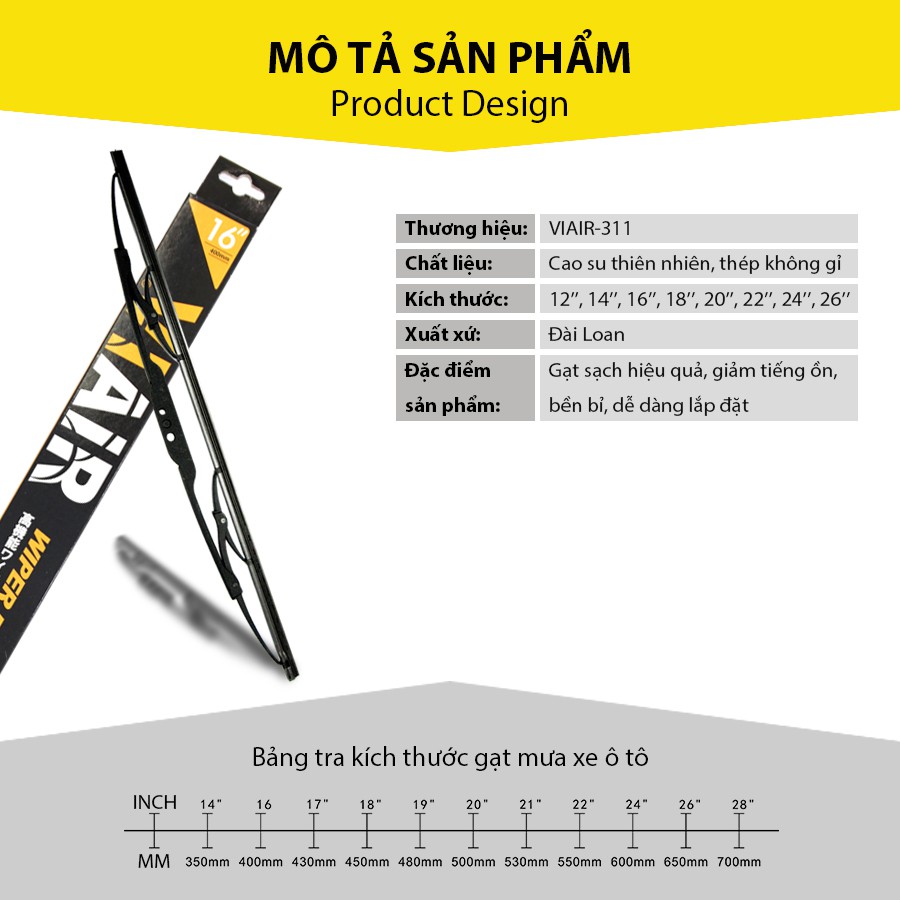 [Mã BMBAU50 giảm 10% đơn 99k] Gạt Mưa Gọng Sắt VIAIR 311 (18 Inch/450 mm) Nhập Khẩu Chính Hãng