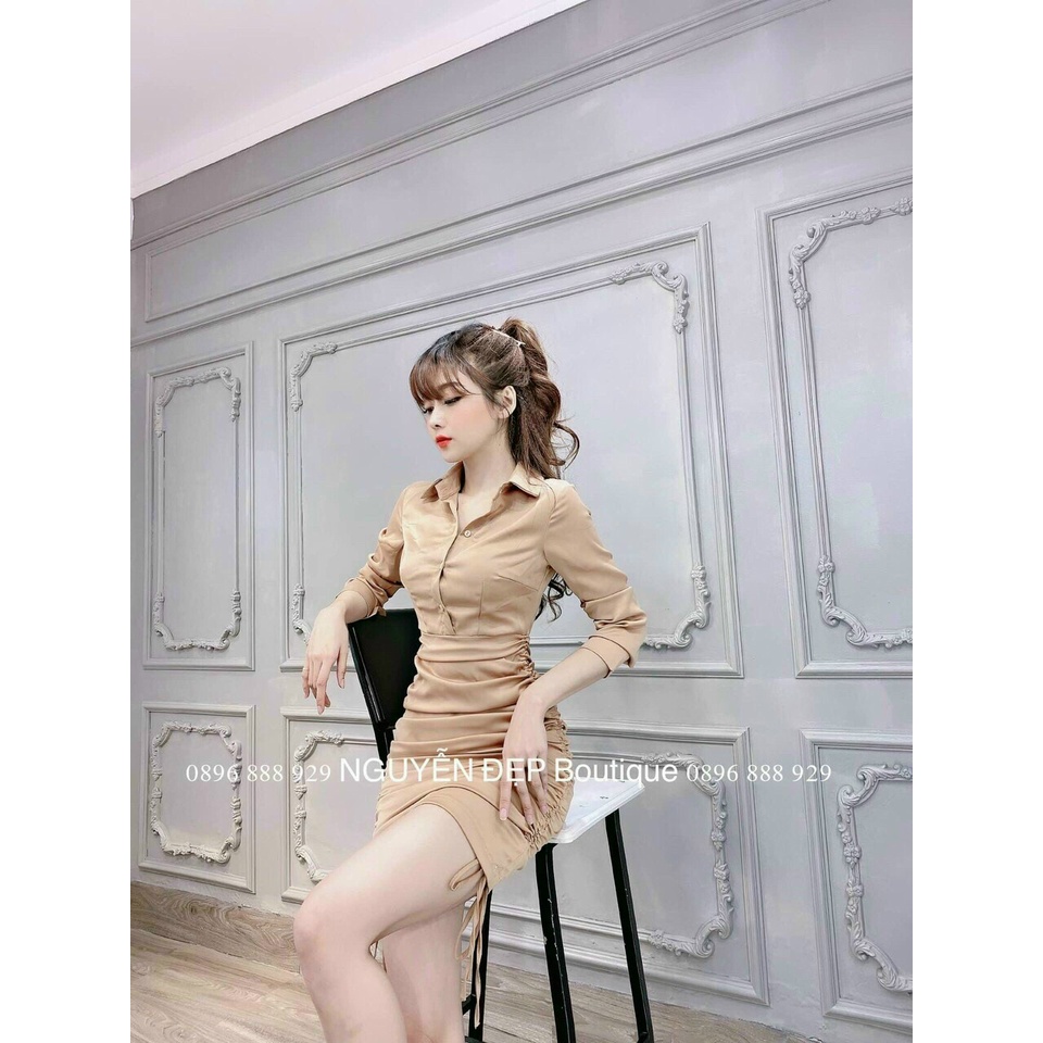 Đầm body cổ sơ mi tay dài nhún hai bên hông sang chảnh