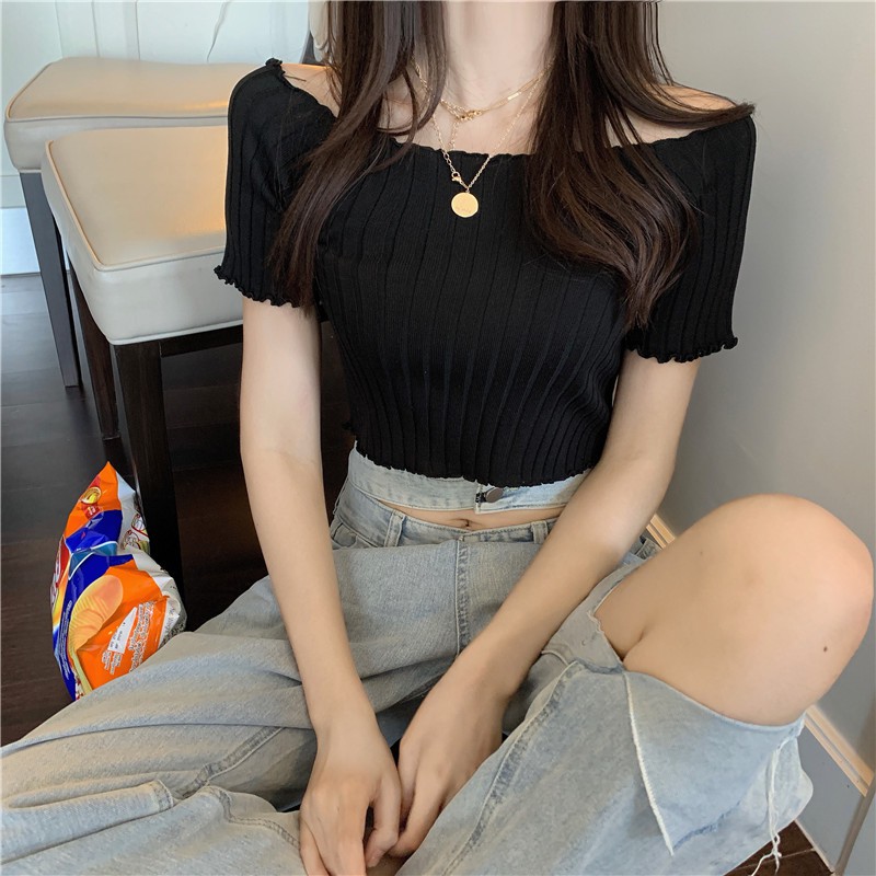 Áo croptop cổ vuông viền gợn sóng dệt kim gân đũa-ACN12