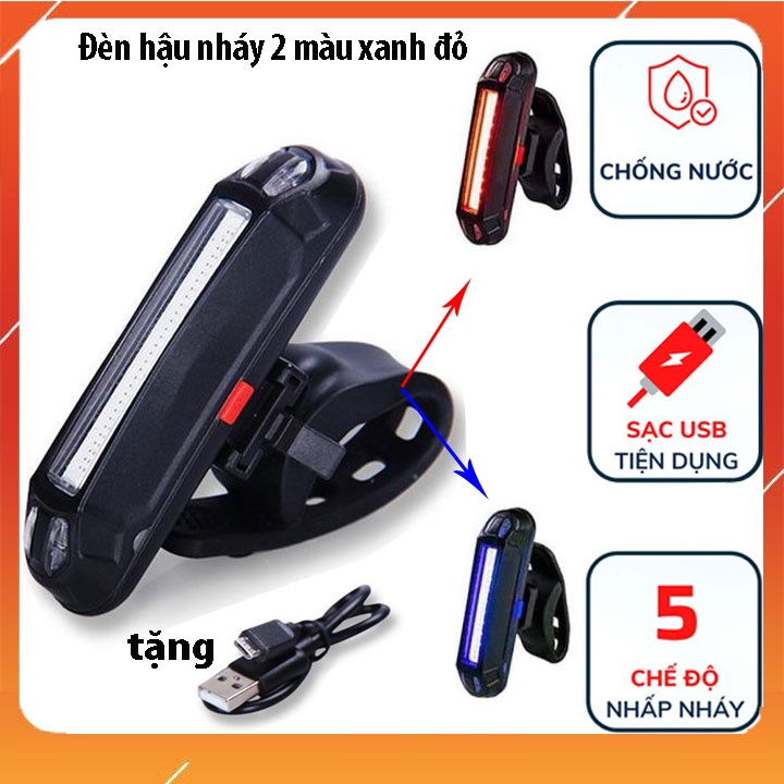 Đèn hậu xe đạp nháy 2 màu xanh đỏ, đèn led tín hiệu trước sau cảnh báo an toàn chống nước sạc usb