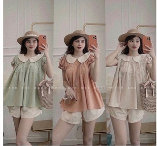 Bộ cộc cổ sen chất đũi nhăn áo viền tầng hàng đẹp