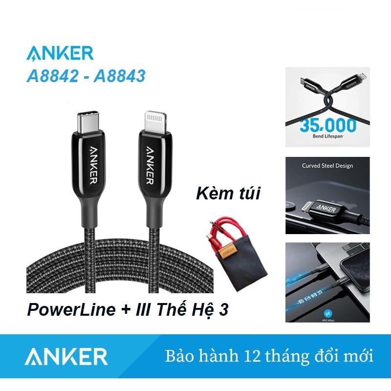 Cáp sạc nhanh PD ANKER Powerline+ III A8842 A8843 0.9m/1.8m [Bảo hành 12 tháng]