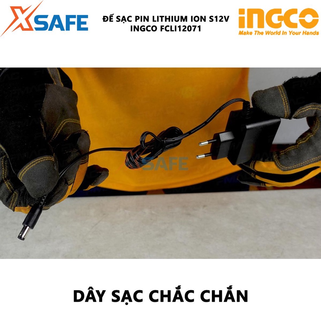Đế sạc S12V INGCO FCLI12071 Sạc pin Lithium-Ion, điện thế sạc 220-240V, thời gian sạc 2h, đóng gói hộp màu chắc chắn
