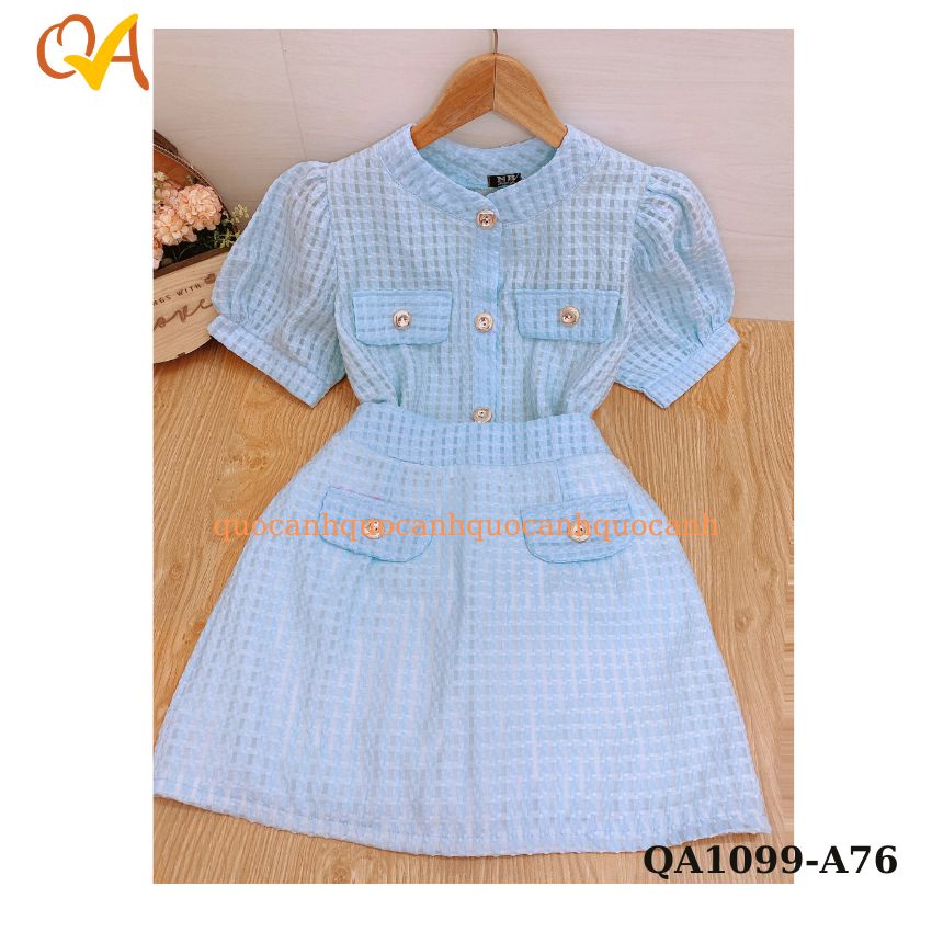 Set Váy nữ Quocanh dạo phố, công sở, chân váy phối với áo sơ mi có túi kiểu, Set đồ nữ xinh xắn