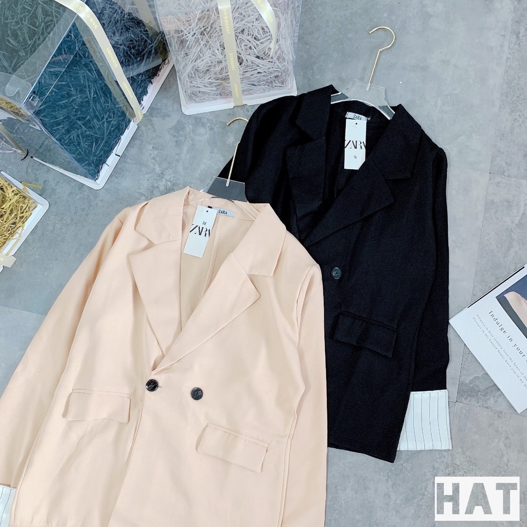 [ ảnh thật-sẵn]  Áo khoác blazer nữ vest trơn tay kẻ túi nắp siêu xinh