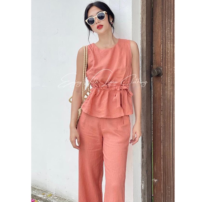 Set bộ linen quần đứng kèm áo ghile nhún bèo trẻ trung, thời trang phong cách trẻ