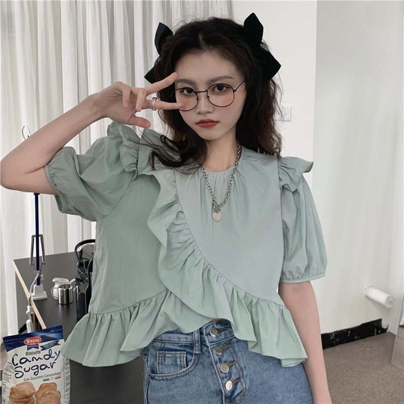 Áo Sơ Mi Nửa Tay 173106Áo Kiểu Tay Phồng Dáng Rộng Thời Trang Hàn Quốc Xinh Xắn Dành Cho Bé