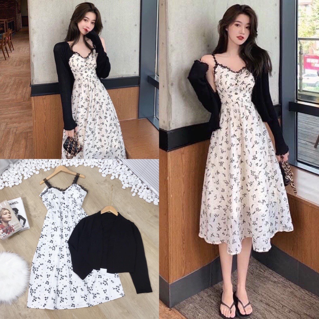Set Váy Hoa Nhí Đen 2 dây có cúp ngực phối viền ren Dáng Maxi Cùng Áo Cardigan Đen phong cách hàn quốc 2022