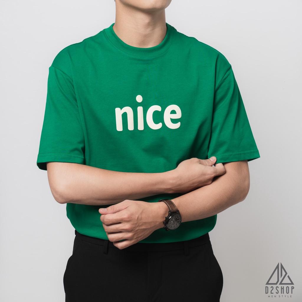 Áo thun nam D2shop, áo thun cổ tròn in ngực NICE, màu xanh lá