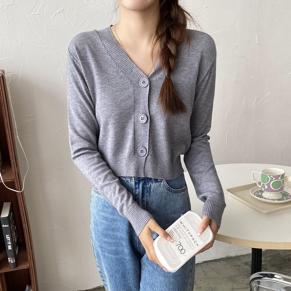 Áo khoác cardigan len mỏng nữ mềm mịn tay dài cổ V dáng ngắn phong cách Hàn Quốc 2021 New Arival