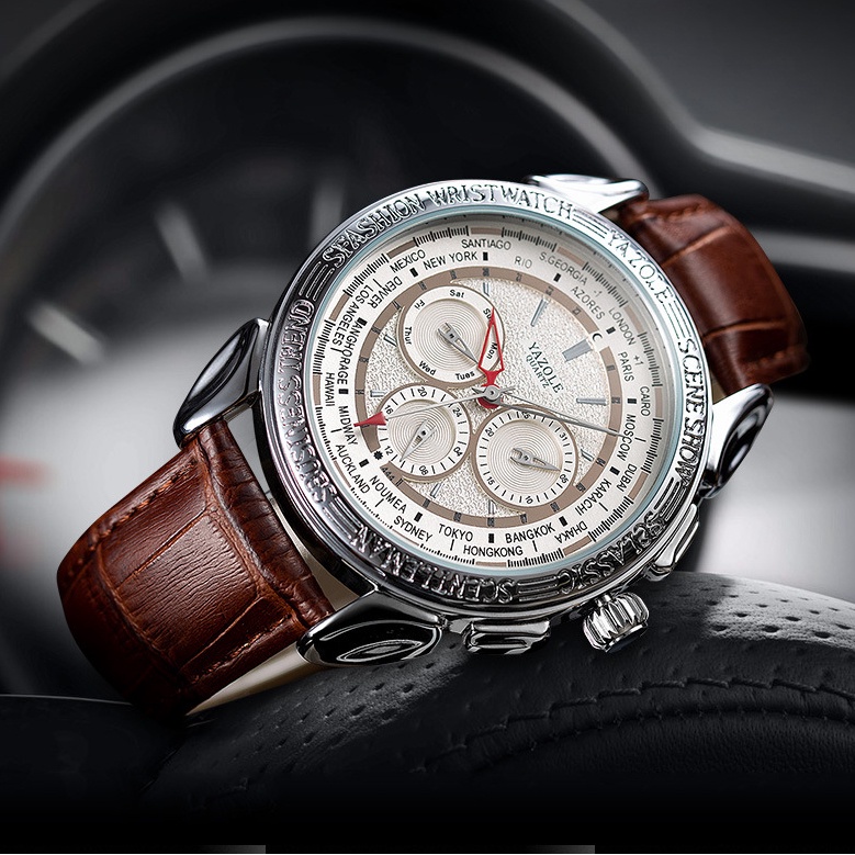 Đồng hồ nam dây da chính hãng YAZOLE Y444 cao cấp viền thép không gỉ chạy 6 kim máy nhật