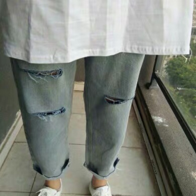 Quần slim baggy jeans suông rách đùi ulzzang kèm ảnh thật