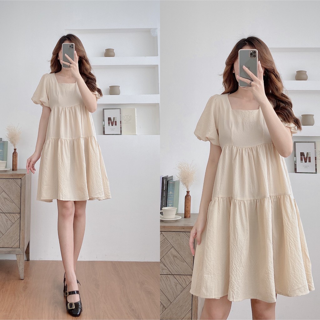 Váy baybydoll 2 tầng, cổ vuông,  tay bo phồng, đầm xuông rộng freesize 3 màu mã V176 - Michi's House | BigBuy360 - bigbuy360.vn
