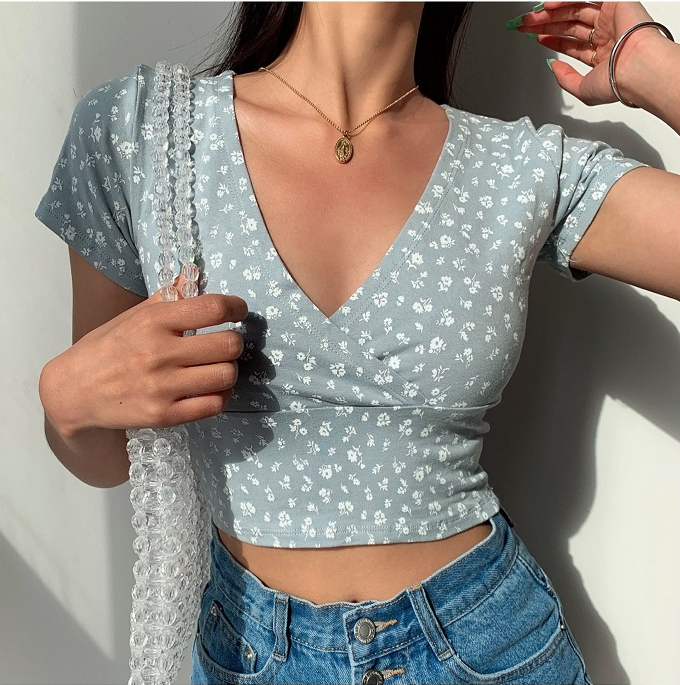 Áo Croptop Cổ Chữ V In Hoa Phong Cách Retro Cho Nữ áo croptop áo kiểu